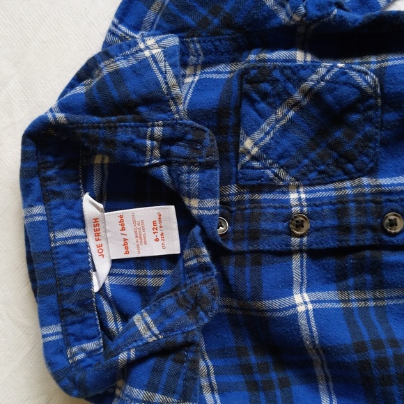 joe fresh blue cotton flannel collared bodysuit diaper shirt 6-12 months baby - Picture 2 of 6